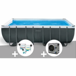 Kit Piscine Tubulaire Intex Ultra XTR Frame Rectangulaire 5,49 X 2,74 X 1,32 M + Kit De Traitement Au Chlore + Pompe à Chaleur - Gris