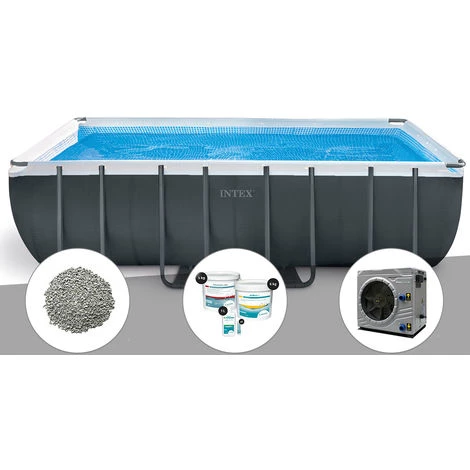 Kit Piscine Tubulaire Intex Ultra XTR Frame Rectangulaire 5,49 X 2,74 X 1,32 M + 10 Kg De Zéolite + Kit De Traitement Au Chlore + Pompe à Chaleur - Gris