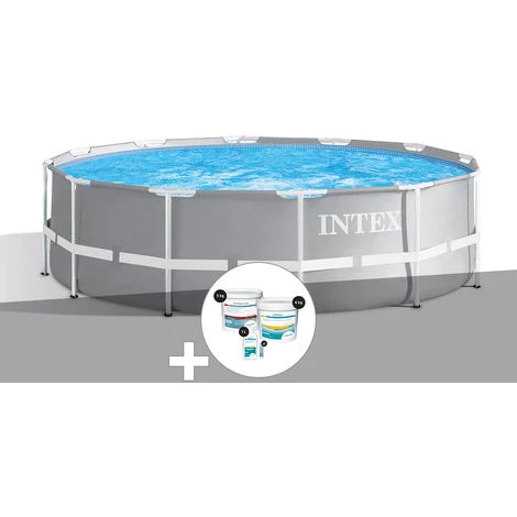 Kit Piscine Tubulaire Intex Prism Frame Ronde 3,66 X 1,22 M + Kit De Traitement Au Chlore - Gris