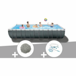 Kit Piscine Tubulaire Intex Ultra XTR Frame Rectangulaire 7,32 X 3,66 X 1,32 M + 20 Kg De Zéolite + Kit D'entretien - Gris