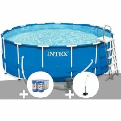 Kit Piscine Tubulaire Intex Metal Frame Ronde 4,57 X 1,22 M + 6 Cartouches De Filtration + Douche Solaire - Bleu