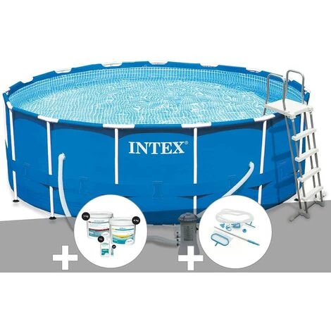 Kit Piscine Tubulaire Intex Metal Frame Ronde 4,57 X 1,22 M + Kit De Traitement Au Chlore + Kit D'entretien - Bleu