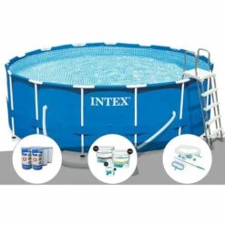 Kit Piscine Tubulaire Intex Metal Frame Ronde 4,57 X 1,22 M + 6 Cartouches De Filtration + Kit De Traitement Au Chlore + Kit D'entretien - Bleu