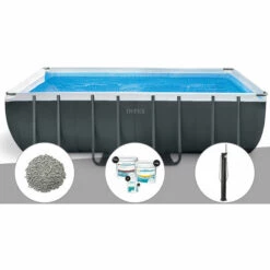 Kit Piscine Tubulaire Intex Ultra XTR Frame Rectangulaire 5,49 X 2,74 X 1,32 M + 10 Kg De Zéolite + Kit De Traitement Au Chlore + Douche Solaire - Gris