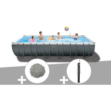 Kit Piscine Tubulaire Intex Ultra XTR Frame Rectangulaire 7,32 X 3,66 X 1,32 M + 20 Kg De Zéolite + Douche Solaire - Gris