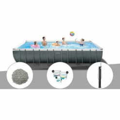 Kit Piscine Tubulaire Intex Ultra XTR Frame Rectangulaire 7,32 X 3,66 X 1,32 M + 20 Kg De Zéolite + Kit De Traitement Au Chlore + Douche Solaire - Gris