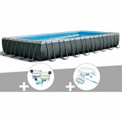 Kit Piscine Tubulaire Intex Ultra XTR Frame Rectangulaire 9,75 X 4,88 X 1,32 M + Kit De Traitement Au Chlore + Kit D'entretien - Gris