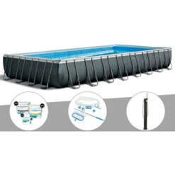Piscine Tubulaire Intex Ultra XTR Frame Rectangulaire 9,75 X 4,88 X 1,32 M + Traitement Au Chlore + Kit D'entretien + Douche - Gris