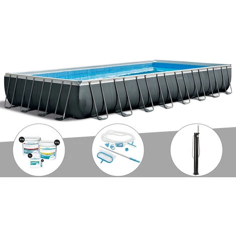 Piscine Tubulaire Intex Ultra XTR Frame Rectangulaire 9,75 X 4,88 X 1,32 M + Traitement Au Chlore + Kit D'entretien + Douche - Gris
