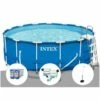 Kit Piscine Tubulaire Intex Metal Frame Ronde 4,57 X 1,22 M + 6 Cartouches De Filtration + Kit De Traitement Au Chlore + Douche Solaire - Bleu