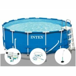 Kit Piscine Tubulaire Intex Metal Frame Ronde 4,57 X 1,22 M + Kit De Traitement Au Chlore + Kit D'entretien + Douche Solaire - Bleu