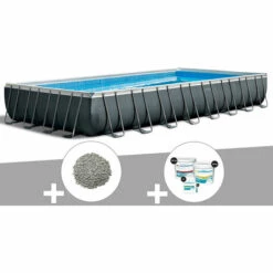 Kit Piscine Tubulaire Intex Ultra XTR Frame Rectangulaire 9,75 X 4,88 X 1,32 M + 20 Kg De Zéolite + Kit De Traitement Au Chlore - Gris