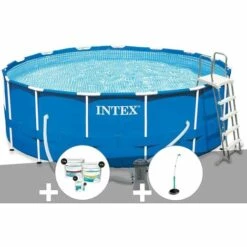 Kit Piscine Tubulaire Intex Metal Frame Ronde 4,57 X 1,22 M + Kit De Traitement Au Chlore + Douche Solaire - Bleu