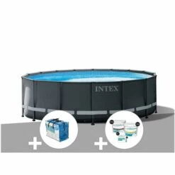 Kit Piscine Tubulaire Intex Ultra XTR Frame Ronde 5,49 X 1,32 M + Bâche à Bulles + Kit De Traitement Au Chlore - Gris