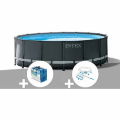Kit Piscine Tubulaire Intex Ultra XTR Frame Ronde 5,49 X 1,32 M + Bâche à Bulles + Kit D'entretien - Gris