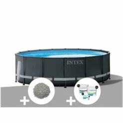 Kit Piscine Tubulaire Intex Ultra XTR Frame Ronde 5,49 X 1,32 M + 20 Kg De Zéolite + Kit De Traitement Au Chlore - Gris