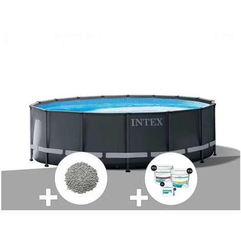 Kit Piscine Tubulaire Intex Ultra XTR Frame Ronde 5,49 X 1,32 M + 20 Kg De Zéolite + Kit De Traitement Au Chlore - Gris