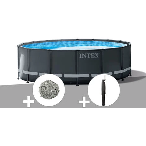Kit Piscine Tubulaire Intex Ultra XTR Frame Ronde 5,49 X 1,32 M + 20 Kg De Zéolite + Douche Solaire - Gris
