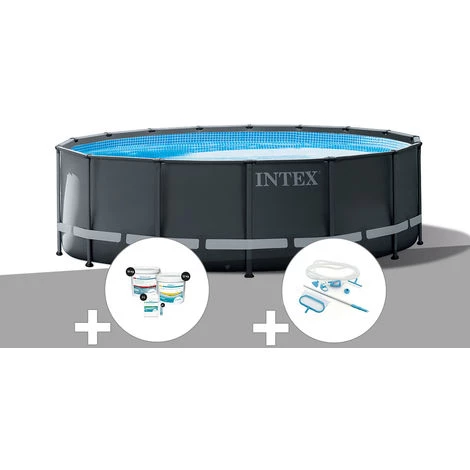 Kit Piscine Tubulaire Intex Ultra XTR Frame Ronde 5,49 X 1,32 M + Kit De Traitement Au Chlore + Kit D'entretien - Gris