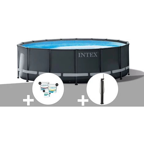 Kit Piscine Tubulaire Intex Ultra XTR Frame Ronde 5,49 X 1,32 M + Kit De Traitement Au Chlore + Douche Solaire - Gris