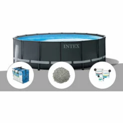 Kit Piscine Tubulaire Intex Ultra XTR Frame Ronde 5,49 X 1,32 M + Bâche à Bulles + 20 Kg De Zéolite + Kit De Traitement Au Chlore - Gris