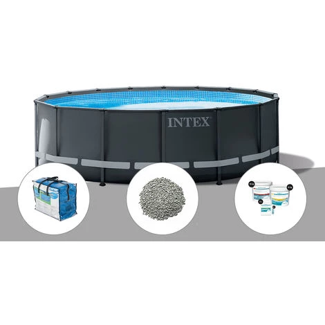 Kit Piscine Tubulaire Intex Ultra XTR Frame Ronde 5,49 X 1,32 M + Bâche à Bulles + 20 Kg De Zéolite + Kit De Traitement Au Chlore - Gris