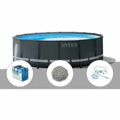 Kit Piscine Tubulaire Intex Ultra XTR Frame Ronde 5,49 X 1,32 M + Bâche à Bulles + 20 Kg De Zéolite + Kit D'entretien - Gris