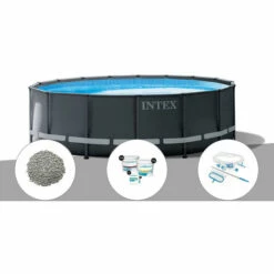 Kit Piscine Tubulaire Intex Ultra XTR Frame Ronde 5,49 X 1,32 M + 20 Kg De Zéolite + Kit De Traitement Au Chlore + Kit D'entretien - Gris