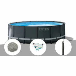 Kit Piscine Tubulaire Intex Ultra XTR Frame Ronde 5,49 X 1,32 M + 20 Kg De Zéolite + Kit De Traitement Au Chlore + Douche Solaire - Gris