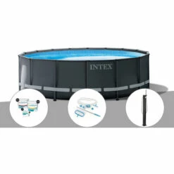 Kit Piscine Tubulaire Intex Ultra XTR Frame Ronde 5,49 X 1,32 M + Kit De Traitement Au Chlore + Kit D'entretien + Douche Solaire - Gris