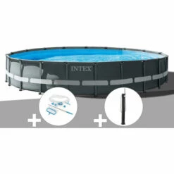 Kit Piscine Tubulaire Intex Ultra XTR Frame Ronde 7,32 X 1,32 M + Kit D'entretien + Douche Solaire - Gris