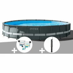 Kit Piscine Tubulaire Intex Ultra XTR Frame Ronde 7,32 X 1,32 M + Kit De Traitement Au Chlore + Douche Solaire - Gris