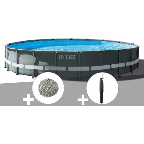 Kit Piscine Tubulaire Intex Ultra XTR Frame Ronde 6,10 X 1,22 M + 20 Kg De Zéolite + Douche Solaire - Gris