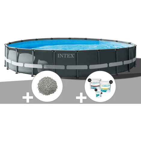 Kit Piscine Tubulaire Intex Ultra XTR Frame Ronde 7,32 X 1,32 M + 30 Kg De Zéolite + Kit De Traitement Au Chlore - Gris