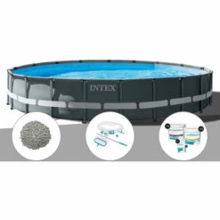 Kit Piscine Tubulaire Intex Ultra XTR Frame Ronde 7,32 X 1,32 M + 30 Kg De Zéolite + Kit D'entretien + Kit De Traitement Au Chlore - Gris