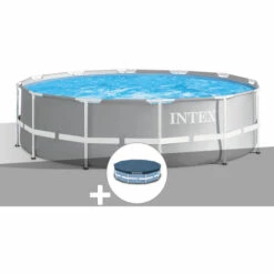 Kit Piscine Tubulaire Intex Prism Frame Ronde 3,66 X 0,99 M + Bâche De Protection - Gris