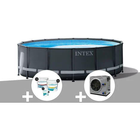 Kit Piscine Tubulaire Intex Ultra XTR Frame Ronde 4,88 X 1,22 M + Kit De Traitement Au Chlore + Pompe à Chaleur - Gris