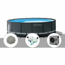 Kit Piscine Tubulaire Intex Ultra XTR Frame Ronde 4,88 X 1,22 M + 20 Kg De Zéolite + Kit De Traitement Au Chlore + Pompe à Chaleur - Gris