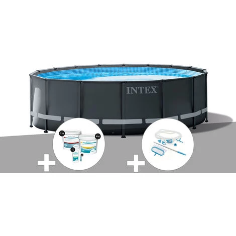 Kit Piscine Tubulaire Intex Ultra XTR Frame Ronde 4,88 X 1,22 M + Kit De Traitement Au Chlore + Kit D'entretien - Gris