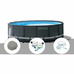 Kit Piscine Tubulaire Intex Ultra XTR Frame Ronde 4,88 X 1,22 M + 20 Kg De Zéolite + Kit De Traitement Au Chlore + Kit D'entretien - Gris