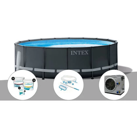 Kit Piscine Tubulaire Intex Ultra XTR Frame Ronde 4,88 X 1,22 M + Kit De Traitement Au Chlore + Kit D'entretien + Pompe à Chaleur - Gris
