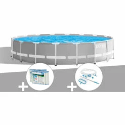 Kit Piscine Tubulaire Intex Prism Frame Ronde 6,10 X 1,32 M + 6 Cartouches De Filtration + Kit D'entretien - Gris