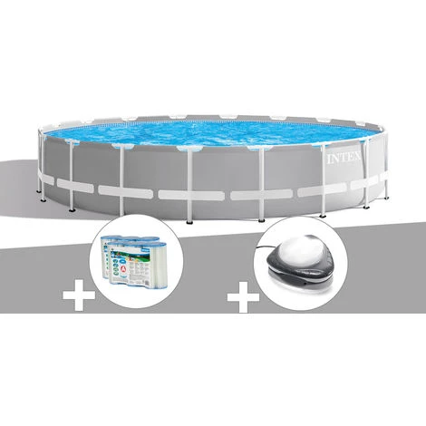 Kit Piscine Tubulaire Intex Prism Frame Ronde 6,10 X 1,32 M + 6 Cartouches De Filtration + Spot - Gris
