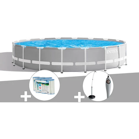 Kit Piscine Tubulaire Intex Prism Frame Ronde 6,10 X 1,32 M + 6 Cartouches De Filtration + Douche Solaire - Gris