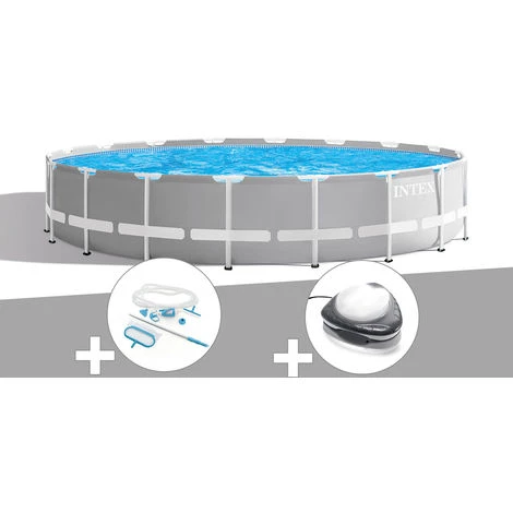 Kit Piscine Tubulaire Intex Prism Frame Ronde 6,10 X 1,32 M + Kit D'entretien + Spot - Gris