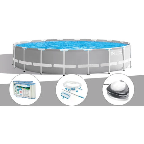 Kit Piscine Tubulaire Intex Prism Frame Ronde 6,10 X 1,32 M + 6 Cartouches De Filtration + Kit D'entretien + Spot - Gris