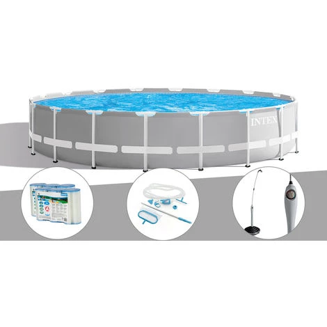 Kit Piscine Tubulaire Intex Prism Frame Ronde 6,10 X 1,32 M + 6 Cartouches De Filtration + Kit D'entretien + Douche Solaire - Gris