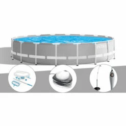 Kit Piscine Tubulaire Intex Prism Frame Ronde 6,10 X 1,32 M + Kit D'entretien + Spot + Douche Solaire - Gris