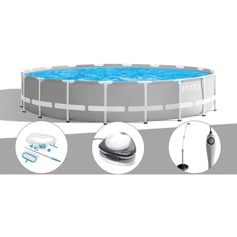 Kit Piscine Tubulaire Intex Prism Frame Ronde 6,10 X 1,32 M + Kit D'entretien + Spot + Douche Solaire - Gris