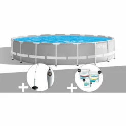 Kit Piscine Tubulaire Intex Prism Frame Ronde 6,10 X 1,32 M + Douche Solaire + Kit De Traitement Au Chlore - Gris